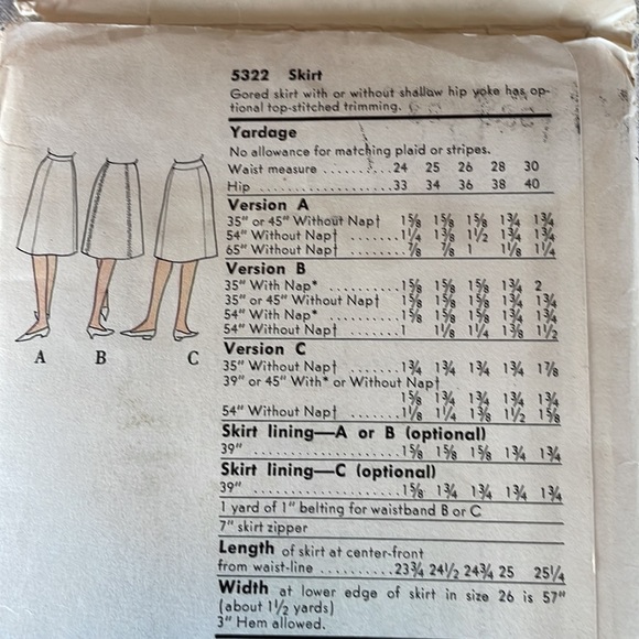 Vogue printed pattern for a gored skirt, ca 1960's, #5322, Waist 28", Hip 38" - Picture 3 of 6
